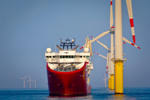 Offshore ship with windmills